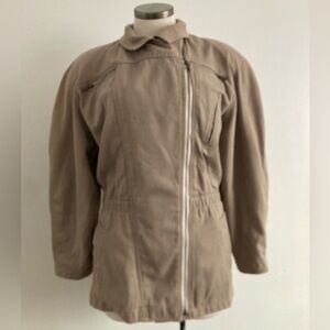 Khaki utility jacket, asymmetrical zip closure, multiple pockets, M. Oversized